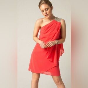 CACHE  One Shoulder Flowy Dress Orange/Red Sz 4